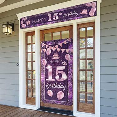 Imagem de PAKBOOM Feliz aniversário de 15 anos capa de porta varanda banner conjunto de sinal - decorações de aniversário de 15 anos suprimentos de festa para meninas - roxo rosa