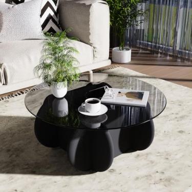 Imagem de Mesa de centro de vidro moderna, elegante, redonda com pernas de madeira maciça e mesa de vidro temperado para sala de estar, casa, pequeno espaço, recepção, escritório, 80 cm