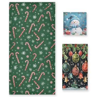 Imagem de Pacote com 3 toalhas de mão de Natal verdes pretas para banheiro decorativo bengala doce homem de gengibre boneco de neve de inverno sinos de Natal conjunto de toalhas macias de algodão para rosto
