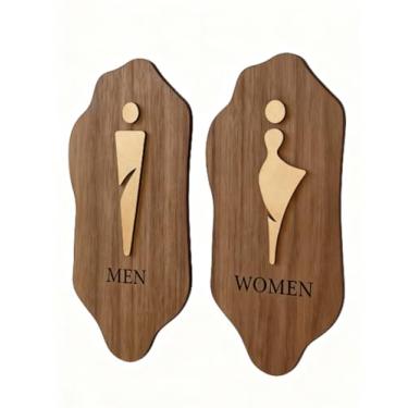 Imagem de YJIUYUANQ 2 peças de placas de banheiro de acrílico de madeira - adesivos de parede de banheiro masculinos e femininos, marcadores autoadesivos de porta de banheiro de 20 x 10 cm para uso em casa de