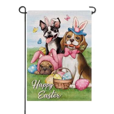 Imagem de Happy Easter Dogs Pequena Bandeira Decorativa de Jardim, Boston Terrier Beagle Buldogue Francês Jardim Gramado Decoração Externa Amante de Animais de Estimação Presente de Proprietário, Primavera Ovo