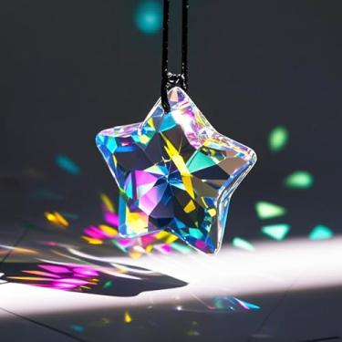 Imagem de Lustre de pendurar prismas de cristais com corrente para janelas, peças para apanhadores de sol, pingentes de arco-íris (colorido, pentagrama)