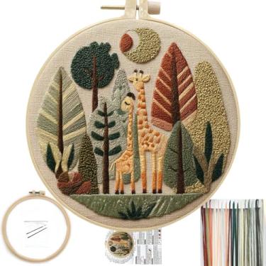 Imagem de FONNUY Padrão de bordado pré-estampado de girafa para iniciantes, kits de bordado boho para iniciantes, ponto cruz, costura, agulhas completas e kit de argola de linha (girafa 03)