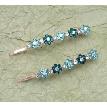 Imagem de 2 peças de broche de strass com flor pequena 5 x 2 cm de cristal de metal bonito acessórios para mulheres Halloween Natal tema casamento decoração de cabelo suprimentos (azul)