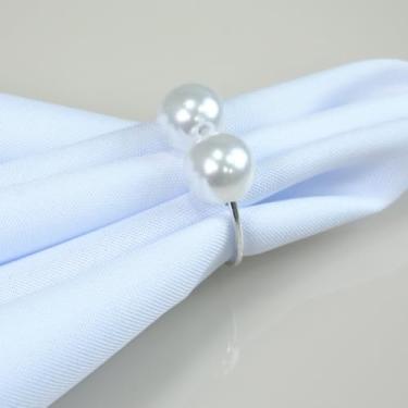 Imagem de Kit 6 Peças Anel para Guardanapo Elegante, Pérola Dupla Grande, Metal com Pérolas Acrílicas, 4x3cm, Decoração de Mesa, Acabamento Artesanal (Prata)