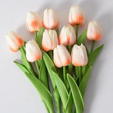 Imagem de Kit 10 Tulipas Artificiais de Látex PU – Buquê de Toque Real 34cm com 5 Flores por Haste para Decoração de Casamento, Casa e Eventos (Cores Diversas)(Champanhe leve (10 peças))
