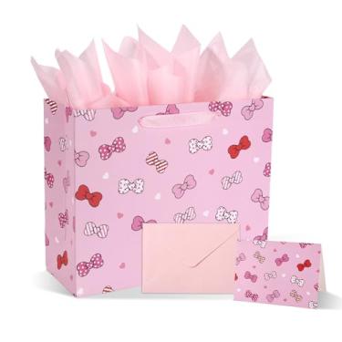 Imagem de Sacos Guloseimas com Laço Cor-de-Rosa, 32x26x10cm Saco Desenho Animado Cartão Comemorativo e Papel Seda para Meninas Chá Bebé Artigos Decoração Aniversário