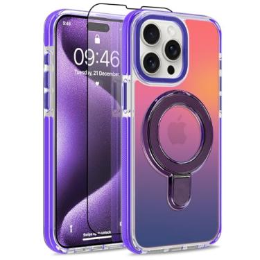 Imagem de MOWIME Capa magnética para iPhone 15 Pro Max com suporte [compatível com Magsafe] [Design fluorescente moderno] [1 protetor de tela] Capa fosca translúcida fina para iPhone 15 Pro Max de 6,7 polegadas