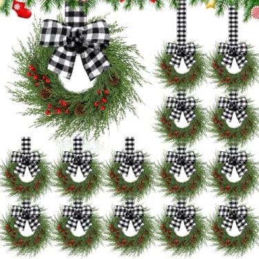 Imagem de Knitgrip 20 grinaldas pequenas de Natal para armário de cozinha de 22 cm com laço xadrez, mini guirlanda de Natal para pendurar na parede da varanda da frente (xadrez de búfalo preto e branco)