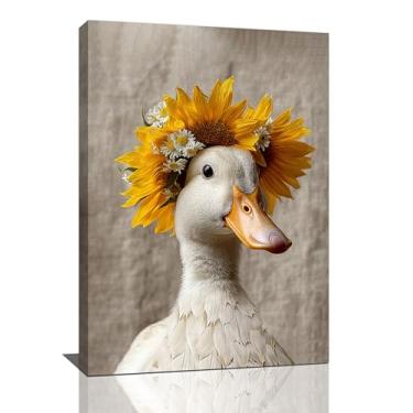Imagem de Arte de parede de pato rústico engraçado pato girassol decoração de parede bonito animais de fazenda pintura impressão emoldurada decorações de arte para banheiro quarto sala de estar berçário 40,6 cm
