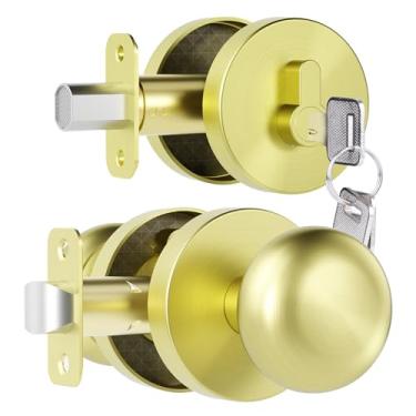 Imagem de Newlaking Conjunto de maçanetas de porta de passagem de latão acetinado e fechadura de porta interior/exterior com conjunto de fechadura de fechadura de cilindro único