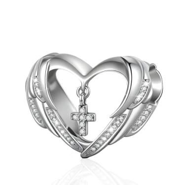 Imagem de LuxglitterLin Pingente de Asas de Coração de Anjo Guardião Pendente Cruz Pavé Branco Pedra do Nascimento Compatível com Pulseiras Pandora Presente Religioso Feminino