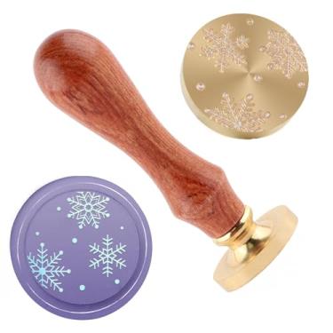 Imagem de Carimbo de lacre de cera de Natal, floco de neve, latão e cabo de madeira, cabeça para cartões de Natal, convites, cartas, envelopes, cartões de felicitações, presentes