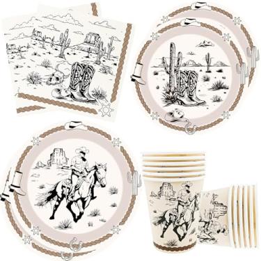 Imagem de 100 peças de artigos de festa caubói ocidental 23 cm, pratos de papel caubói 18 cm, pratos de festa ocidental e copos de guardanapo para rodeio, tema de despedida de solteiro, chá de bebê, celeiro