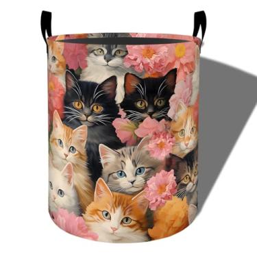 Imagem de amepay Cesto de roupa suja fofo para gatos, tecido Oxford dobrável com design de flor de peônia, cesto de roupas sujas à prova d'água com alças, organizador de brinquedos para banheiro, quarto