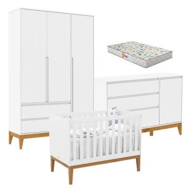 Imagem de Quarto De Bebê Nature Clean 3 Portas Com Berço Unique Branco Soft Eco Wood E Colchão Gazin - Matic