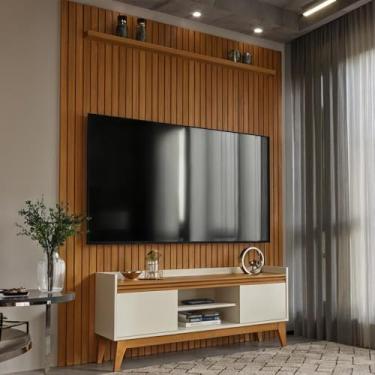 Imagem de Painel Ripado Com Rack Tv 75 Polegadas Asturias 184cm - Off White e Cedro