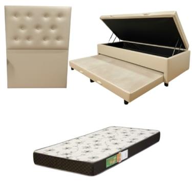 Imagem de Cama Box Baú Solteiro com Auxiliar (Bicama) + Colchão Solteiro Espuma D20 12cm | Kit Completo com Cabeceira Botonê Opcional | Diversas Cores (3, CORINO BEGE, COM CABECEIRA)