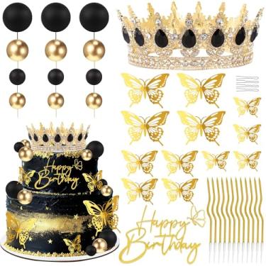 Imagem de Topo de bolo de coroa de aniversário, decorações de bolo com topo de bolo de feliz aniversário, bolas, borboletas douradas, Corona para pastel para mulheres, princesa, decoração de festa de casamento