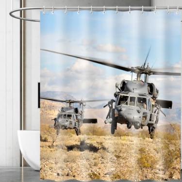 Imagem de Wknoon Cortina de chuveiro de tecido de 183 cm x 182 cm com ganchos premium, impermeável e lavável para banheiro, UH-60 Black Hawk helicóptero militar caça aeronave