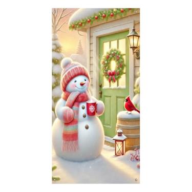 Imagem de BlissYard Feliz Natal, boneco de neve e cardeal capa de porta de inverno, 76 x 182 cm com guirlanda de férias e flocos de neve e cardeal vermelho para decoração de Natal ou porta de entrada