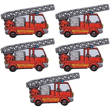 Imagem de Papapatch Conjunto de 5 pequenos pequenos pequenos adesivos de resgate de caminhão de bombeiros de carro de bombeiros decorativos para reparo de roupas camisetas bolsas aplique ferro costurado em