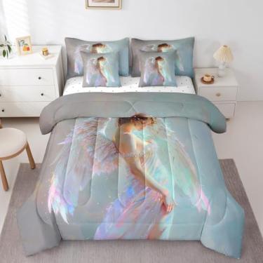 Imagem de Erosebridal Jogo de cama solteiro com asas de anjo inspirador, arco-íris, colorido, 7 peças, romântico e sonhador