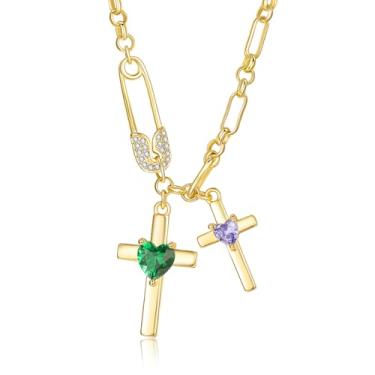 Imagem de SilvecFantasy Colar de cruz de ouro para mulheres, pingente de cruz dupla de 14 K, pino de segurança delicado, 2 pedras do nascimento, clipe de papel, corrente de fé, joias modernas, presentes