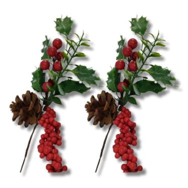 Imagem de Kit com 2 Galhos Buquê artificial de Natal Decorativo 29cm Azevinho com Pinha e Frutinhas Vermelhas | Enfeite Natalino Realista para Árvore, Guirlandas e Arranjos | Decoração Festiva