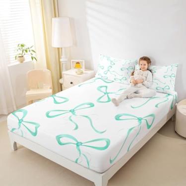 Imagem de Erosebridal Jogo de lençol Queen com laço de fita aquarela azul-petróleo, princesa sonhadora, para decoração de quarto de crianças, adolescentes e adultos, lençol com elástico fofo kawaii com laço e