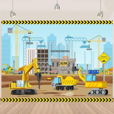 Imagem de Pano de fundo com tema de construção, caminhonete basculante, escavadeira, fundo fotográfico, crianças, meninos, faixa de festa de aniversário, decoração de retrato e estúdio fotográfico (2,1 x 1,5 m)