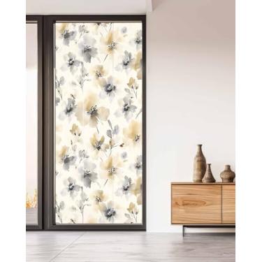 Imagem de Película de privacidade para janela floral marrom cinza arte decorativa vitral bege vintage texturizado adesivo adesivo adesivo para porta de vidro, 89,9 cm x 199,9 cm blackout para janelas