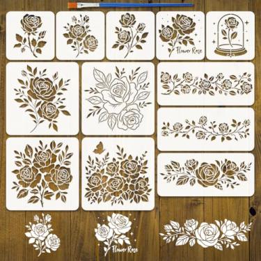 Imagem de FINGERINSPIRE 12 peças de estênceis com tema rosa com 1 pincel de tinta de plástico, 3 tamanhos, estêncil de flor de rosa, estêncil, padrão floral, para pintura em madeira, parede, tecido, móveis
