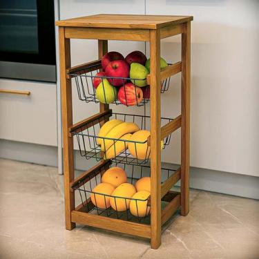 Imagem de Fruteira de Madeira Com Tampo 3 Andares Com Cesto Organizador - Beto M