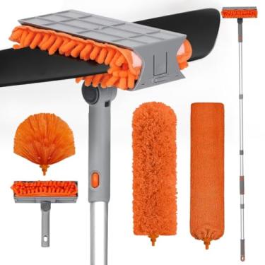 Imagem de Limpador de ventilador de teto com kit de limpeza de cabo longo extensível de 182 cm, cabeça de esfregão reutilizável de chenille e microfibra para lâmina de ventilador de teto persianas de parede