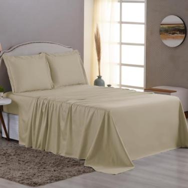 Imagem de Jogo de Lençol 600 Fios 100% Algodão Egípcio, Tecido Percal 600 Fios, Toque Macio e Gelado, 03 e 04 peças (Bege, Casal 03 Peças)