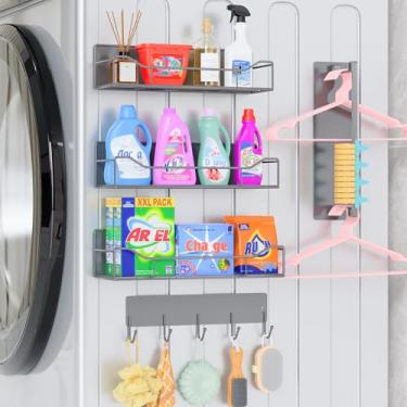 Imagem de JulktLli Pacote com 5 prateleiras magnéticas para máquina de lavar e geladeira – Sistema de organização de lavanderia resistente com ganchos de ferramentas, cestas de armazenamento de metal versáteis