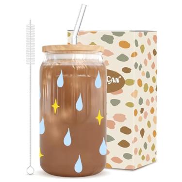 Imagem de Copo de vidro de 473 ml com gota d'água azul e estrela amarela, inclui tampa de bambu, 2 canudos e pincel, caixa de presente para café gelado, smoothie, coquetel, uísque, presente feminino