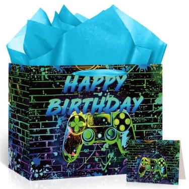 Imagem de Sacos de presente de aniversário de videogame azul com cartão e papel de seda para meninos meninas crianças lembrancinhas de festa de aniversário de Natal suprimentos de decoração