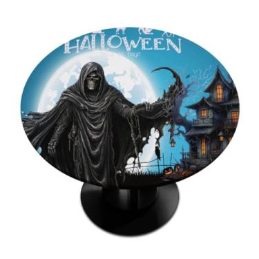 Imagem de Toalha de mesa redonda com borda elástica Halloween Grim Reaper desenho animado toalha de mesa redonda limpa para ambientes internos e externos, pátio, jantar, cozinha, festival, decoração para mesas