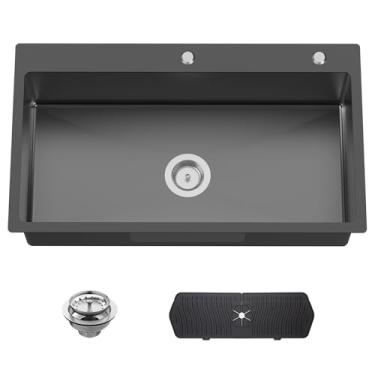 Imagem de Pia de cozinha preta de 83 x 48 cm - pia de cozinha moderna de aço inoxidável com suporte único vem com tapete de silicone, conjunto de filtro de drenagem oferece grande bacia e compatibilidade com