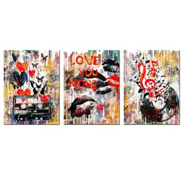 Imagem de Biuteawal Arte de parede de 3 peças de arte de parede vintage grafite fita cassete pintura de discos de vinil arte para decoração de sala musical tela esticada pronta para pendurar