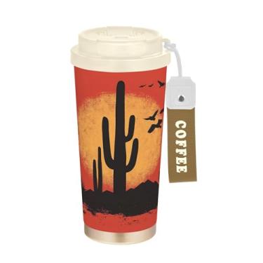 Imagem de SEHANY Caneca de viagem vintage caubói ocidental 482 g xícaras de café reutilizáveis revestidas de cerâmica com tampa à prova de vazamento, parede dupla, isolamento a vácuo, copo de café de aço