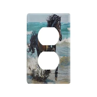 Imagem de Blueangle Placa de parede de tomada duplex de cavalo marrom escuro, tamanho padrão, placas de cobertura de tomada elétrica de 1 gangue para decoração de quarto de escritório em casa, 4,53 x 2,76