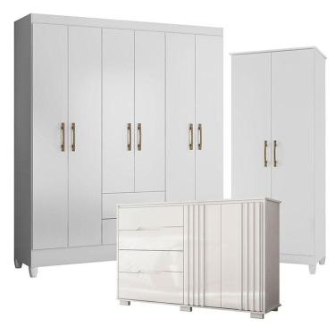 Imagem de Guarda Roupa Casal Panamá Com Cômoda Texas E Armário Multiuso Jade Branco Brilho- Moval