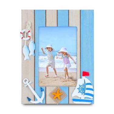 Imagem de Himitimi Moldura de praia azul, 10 x 15 cm, moldura rústica de madeira mediterrânea, para exibição de mesa para casa de fazenda costeira, decoração de quarto, presentes para amantes de praia (vertical