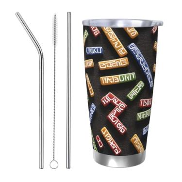 Imagem de Zeraoke Caneca de aço inoxidável com tampa de canudo de 590 ml com estampa de barra em formato de runa, caneca de canudo de carro, mantém as bebidas frias para escritório, casa, funciona muito bem