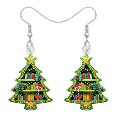 Imagem de DUOWEI Linda estante de árvore de Natal para professores, brincos de Natal, presentes para amantes de livros, mulheres, leitoras, joias de apreciação de inverno, presentes femininos para acessórios de