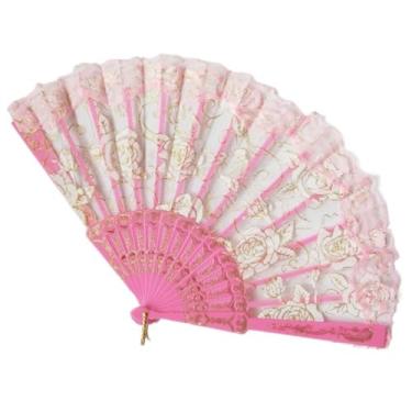 Imagem de Leque de mão feminino de renda padrão rosa artesanato translúcido ventilador espanhol decoração de casa ventilador de dança portátil adereço de dança (rosa)