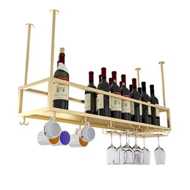Imagem de APUM Prateleira de teto suspensa rack de vinho, rack de garrafa de teto de metal, suporte de armazenamento de vinho com prateleira de vidro, altura ajustável